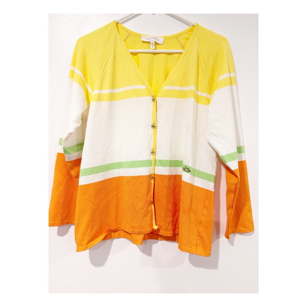 Escada Sport‎ Women Yellow Orange Striped Colorblock V-Neck Cardigan Sweater 44